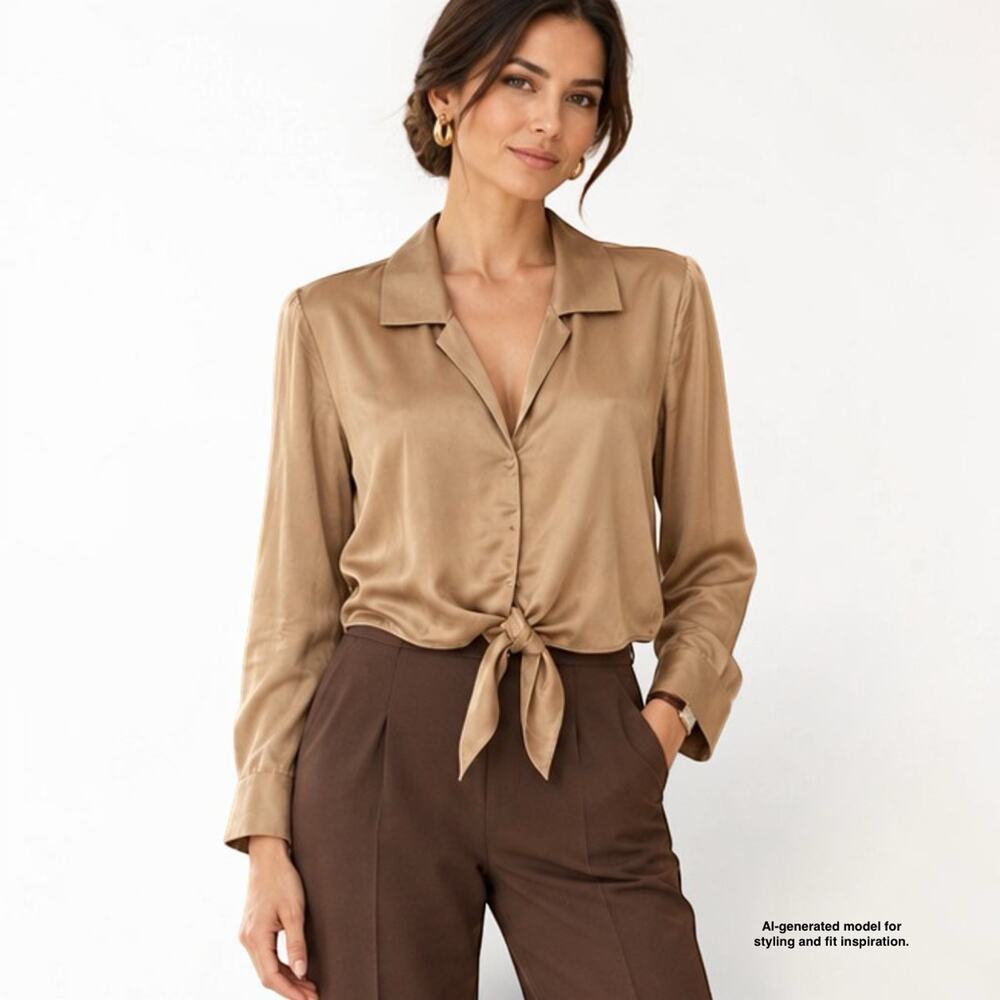 L'Agence Annie Blouse Size S Caramel Tan Satin Tie Front Long Sleeve Cropped Top